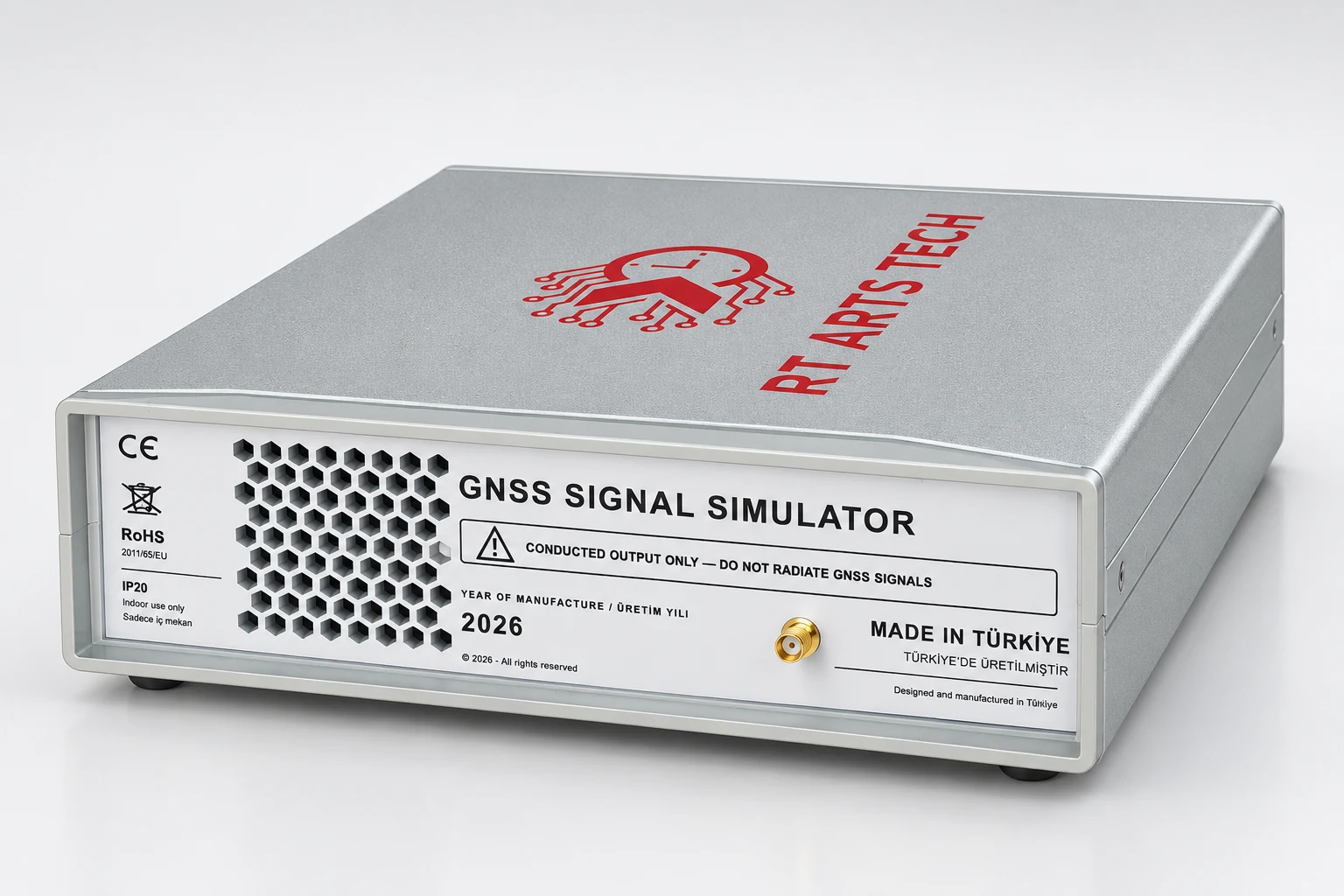 Silver RTARTS GNSS-SIM device viewed from the front and above